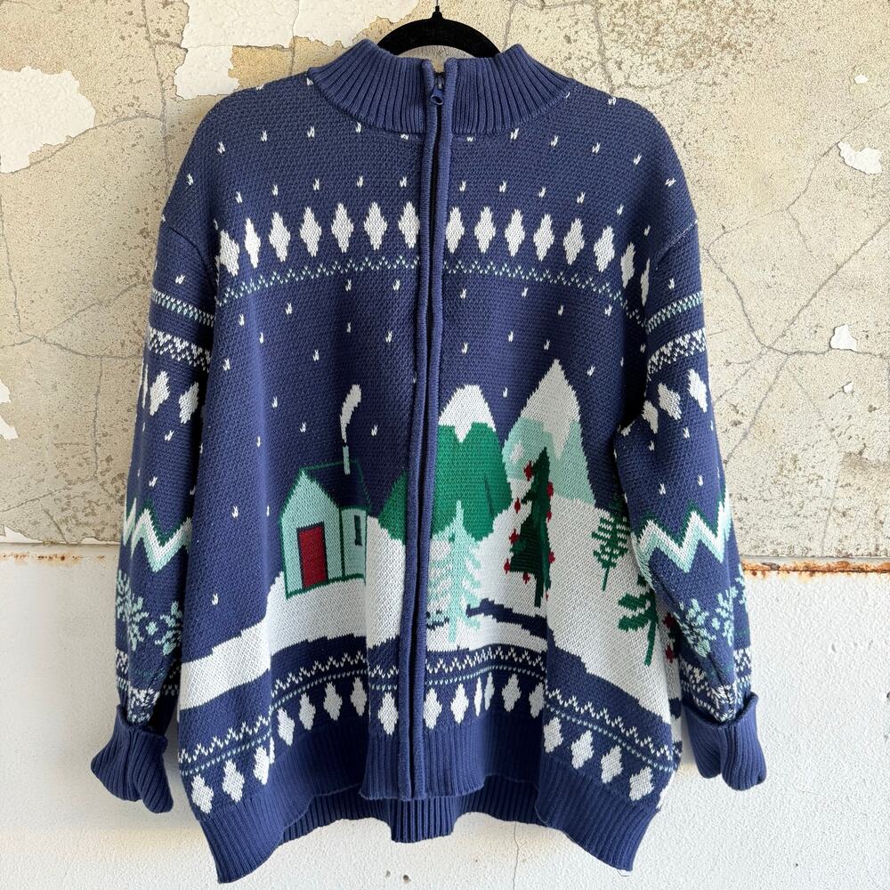 Coldwater Creek Cardigan Sweater Winter Cottage Full Zip Snow Cabin Christmas XL